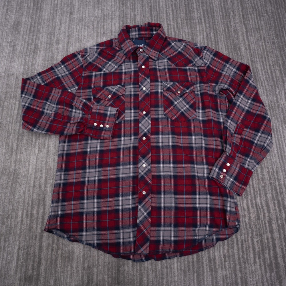Wrangler Flannel Western Shirt Mens L Red Plaid Good Pearl Snap Cotton